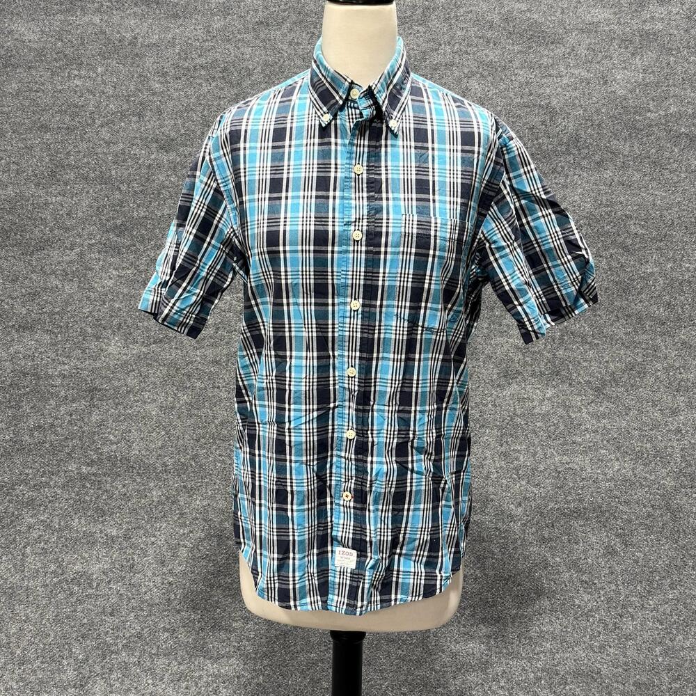 Izod Shirt Mens Small Blue Plaid Short Sleeve Button Down Cotton Casual Pocket